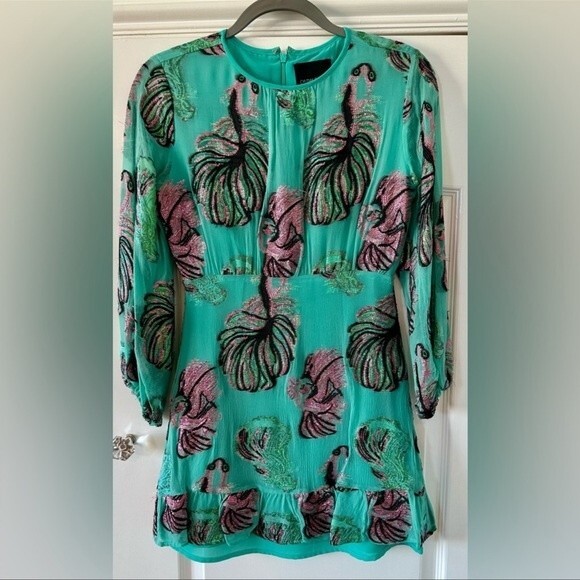 Cynthia Rowley Inverness Metallic Fish Blouson-sleeve Dress In Green Sz4 - Picture 2 of 13